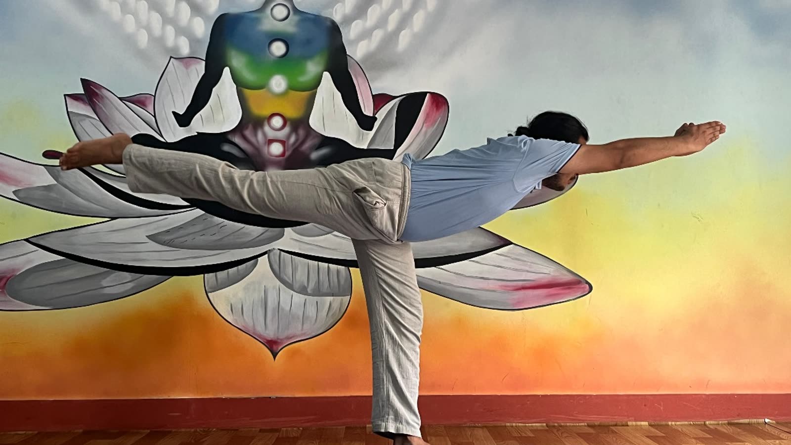Warrior pose by the chakra wall